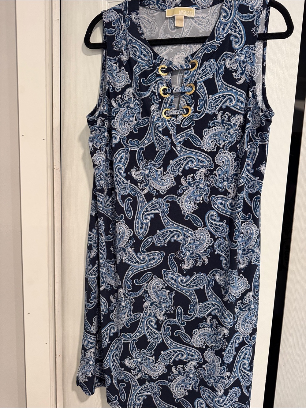 Michael Kors Navy and Light Blue Paisley Lace-Up Sleeveless Mini Dress